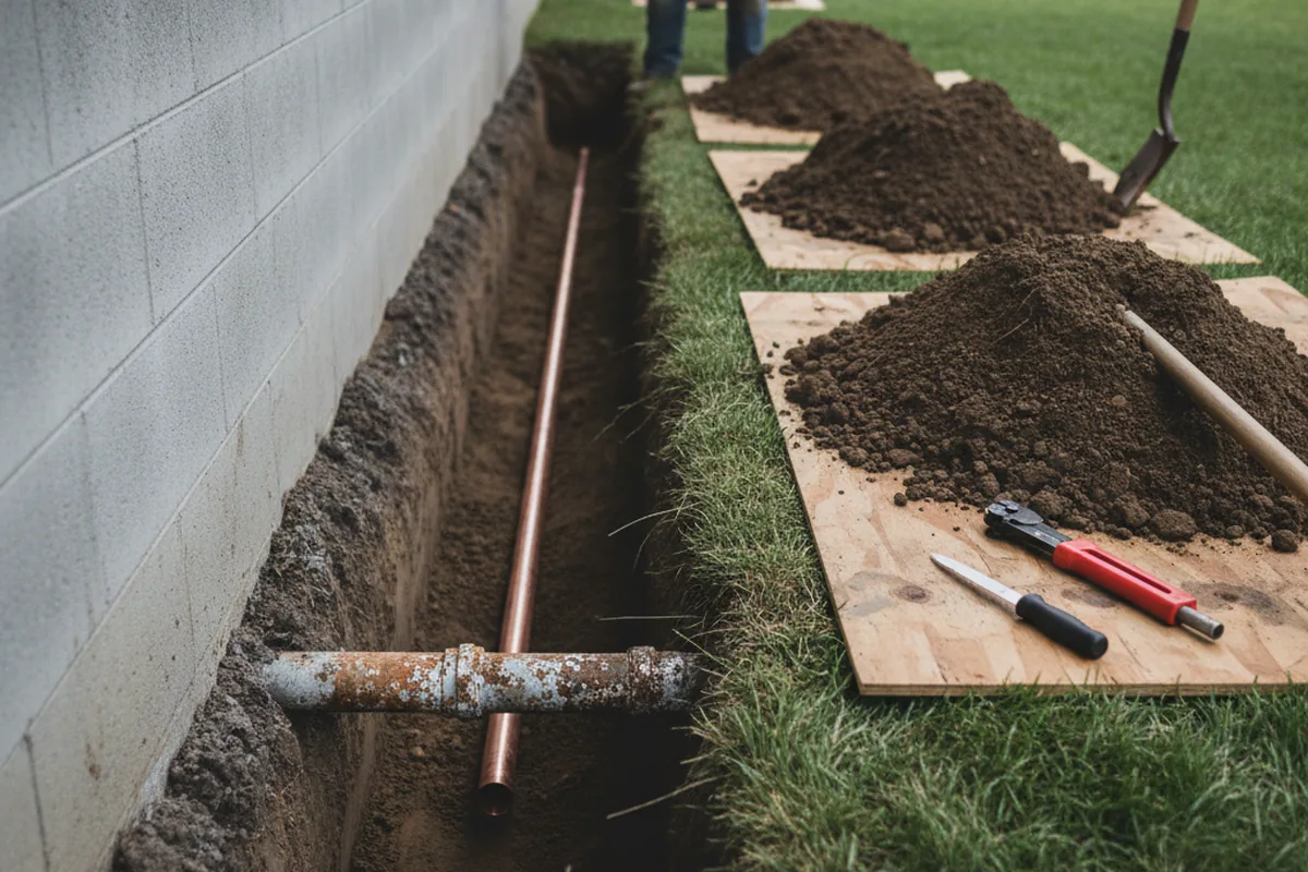 Excavated water line trench during Sewer Line Repair in Lowville
